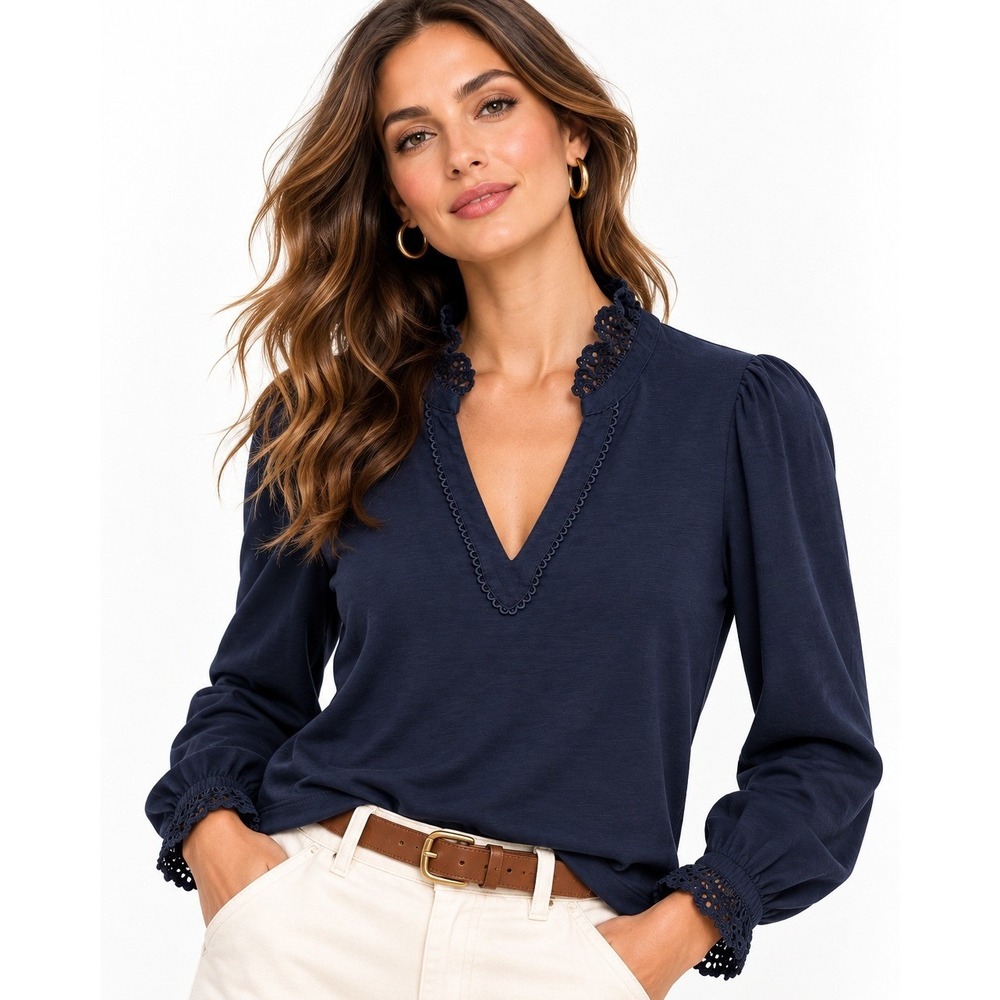 Boden Aria Broderie Notch Neck Top Navy Blue Eyelet Lace V-Neck Blouse US 10
